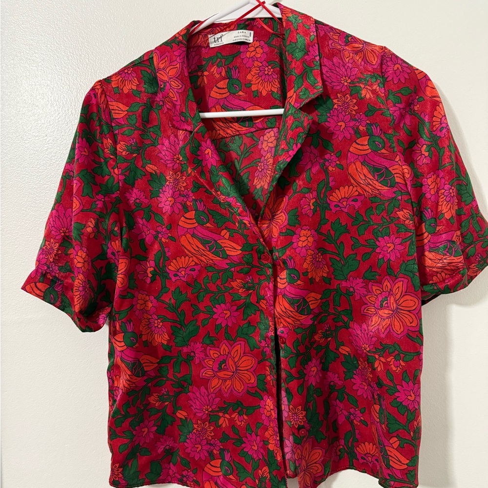 Zara Red Floral Blouse with Green and Orange Accents